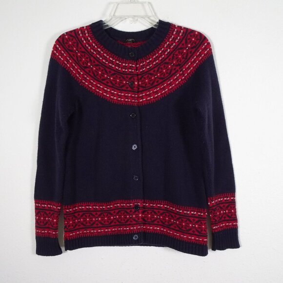 Talbots Cardigan Sweater Petite Size SP Blue Red Trim Wool Blend Preppy - Picture 1 of 6
